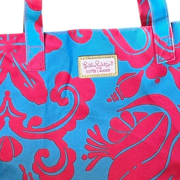 Lilly Pulitzer for Estée Lauder Canvas Tote Pink and Blue fish/ crab vacation - Picture 2 of 12